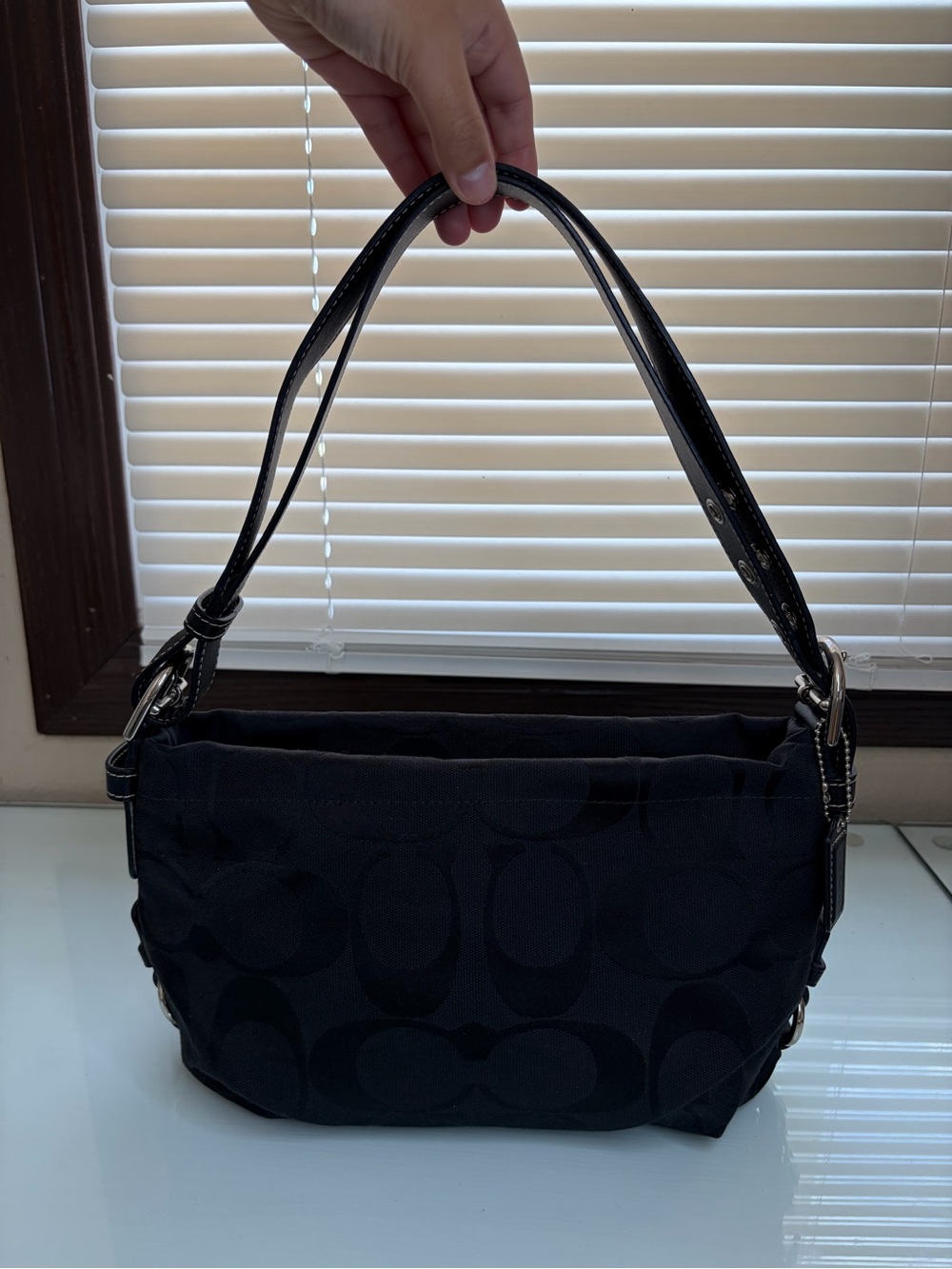 Coach Black Signature Jacquard Shoulder Bag with Leather Trim